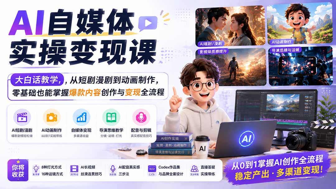 AI短剧漫剧动画实操变现课，大白话教学，零基础掌握导演级运镜打光与AI影视一人公司 - 缩略图