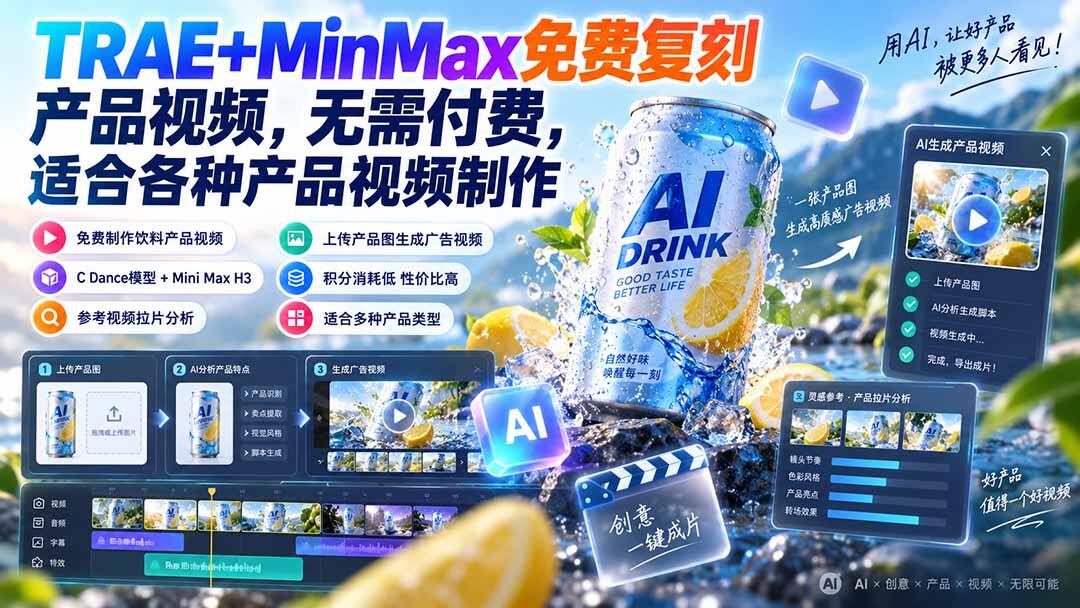 用TRAE加MiniMax免费复刻产品视频，上传产品图就能生成饮料广告片 - 缩略图