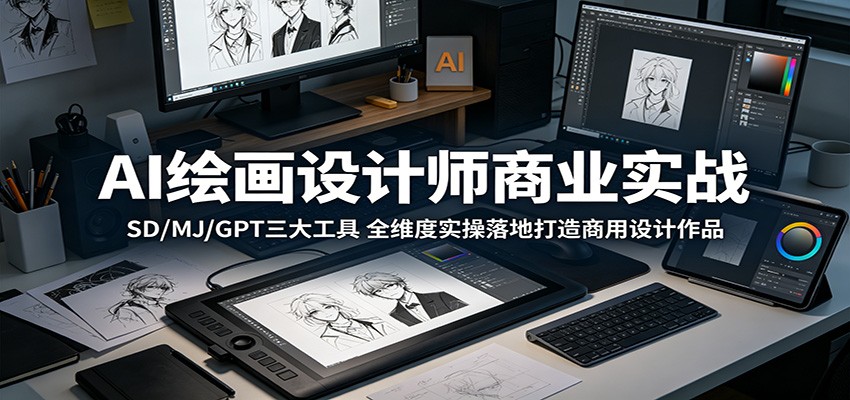 设计师AI绘画商业实战，SD、MJ、GPT三大工具，从出图技巧到3D卡通海报、产品KV商业海报全流程 - 缩略图