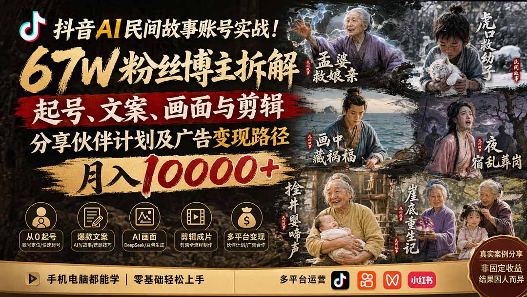 抖音AI民间故事账号，67W粉丝博主拆解起号、文案、画面、剪辑和变现玩法 - 缩略图