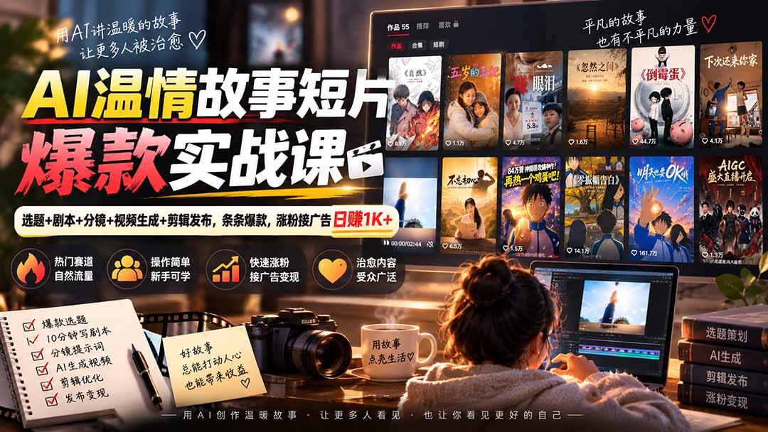 AI温情故事短片实战课，第一人称叙事从选题、剧本、分镜到AI生成剪辑发布，涨粉接广告变现 - 缩略图