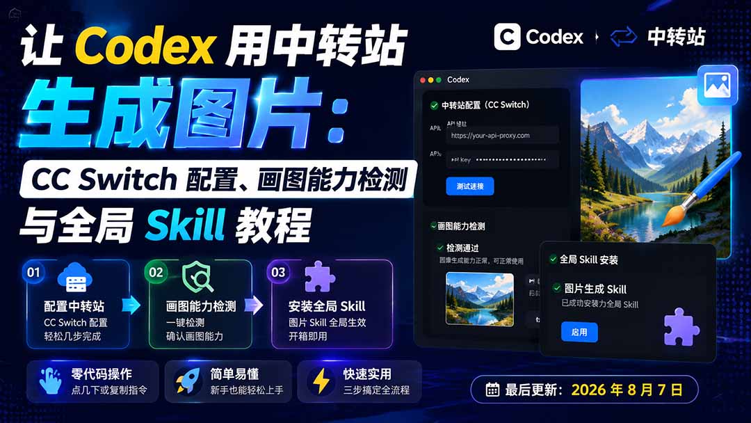 Codex 用中转站生成图片，CC Switch 配置与画图能力检测，通过后安装全局 Skill - 缩略图