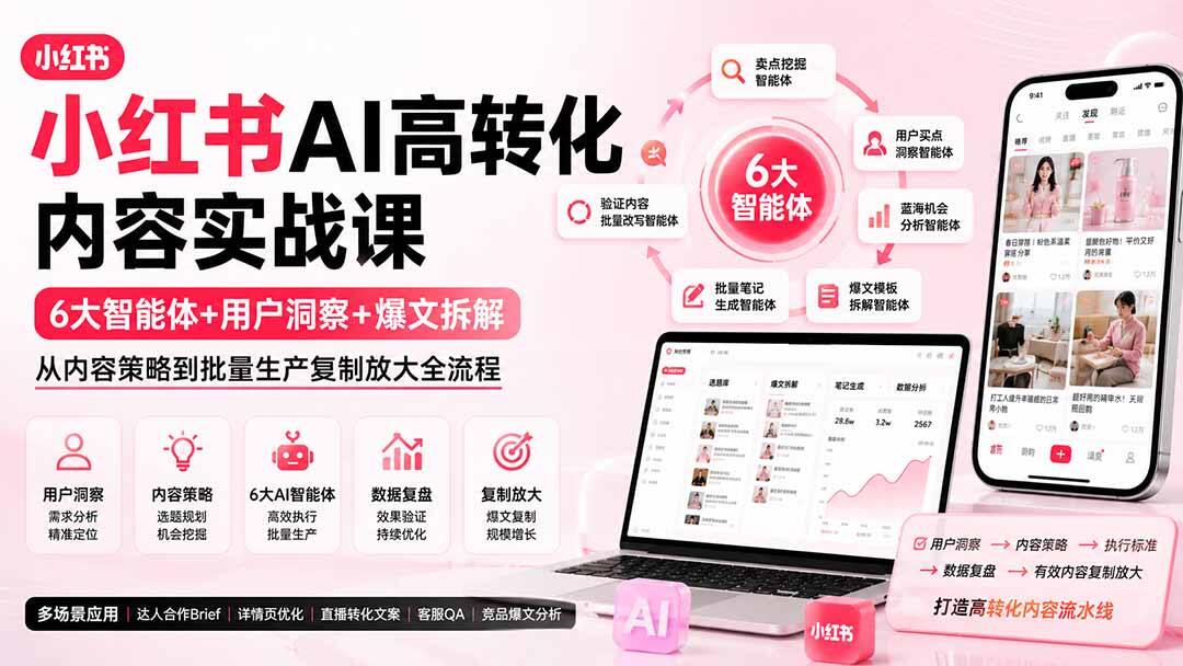 小红书AI高转化内容实战课，6个智能体跑通用户洞察、爆文拆解到批量生产复制 - 缩略图