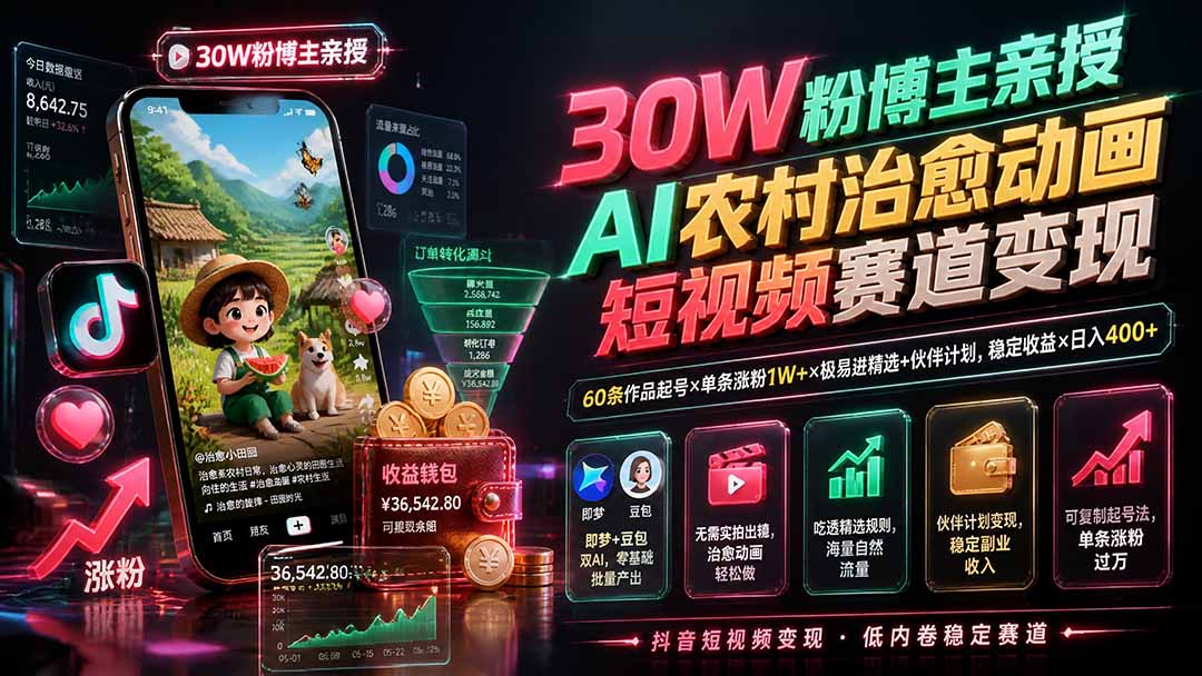 抖音AI农村治愈动画，30万粉博主亲授，60条作品起号，单条涨粉1W+，伙伴计划稳定变现 - 缩略图