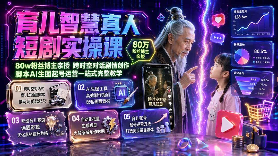 育儿智慧真人短剧实操，80万粉博主亲授跨时空对话剧情，脚本AI生图到起号运营全流程 - 缩略图