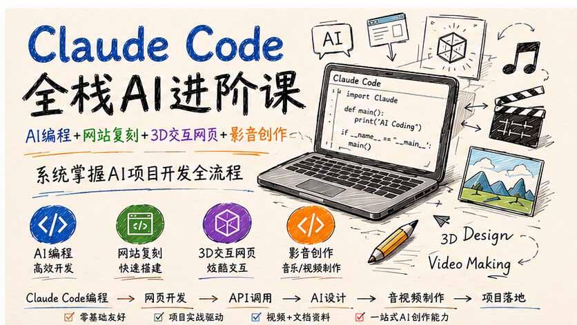 Claude Code全栈AI进阶课，从本地部署到网站复刻、3D交互网页和AI影音创作 - 缩略图