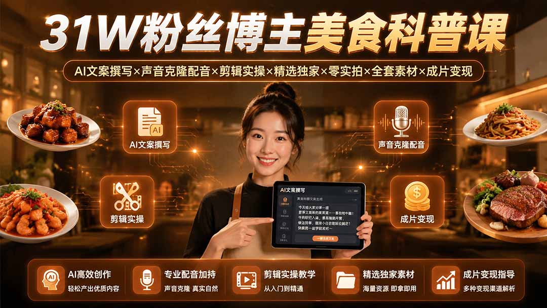 抖音31W粉博主美食科普课，AI文案、声音克隆配音、零实拍剪辑到变现全流程 - 缩略图