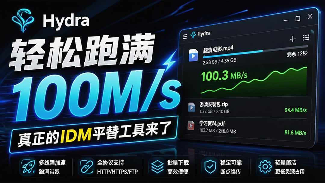 Hydra Download Manager 开源多线程下载器，IDM平替支持浏览器接管和断点续传 - 缩略图