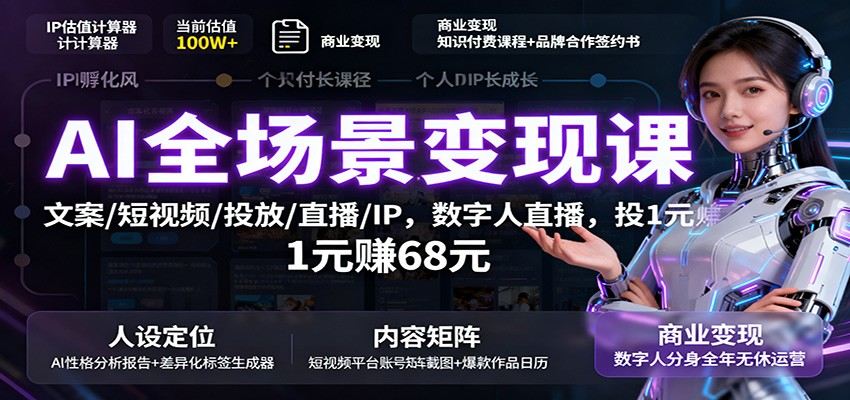 AI实操引流变现8步法，文案、短视频、投放、数字人直播全覆盖，含投1元赚68投放玩法 - 缩略图