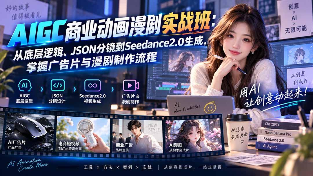 AIGC商业动画漫剧实战班，从JSON分镜到Seedance 2.0，跑通广告片与漫剧全流程 - 缩略图