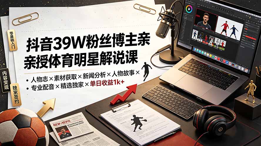 抖音体育明星解说课，39W粉丝博主亲授人物志视频做法，素材、文案、配音到进精选签独家，单日收益1k+ - 缩略图
