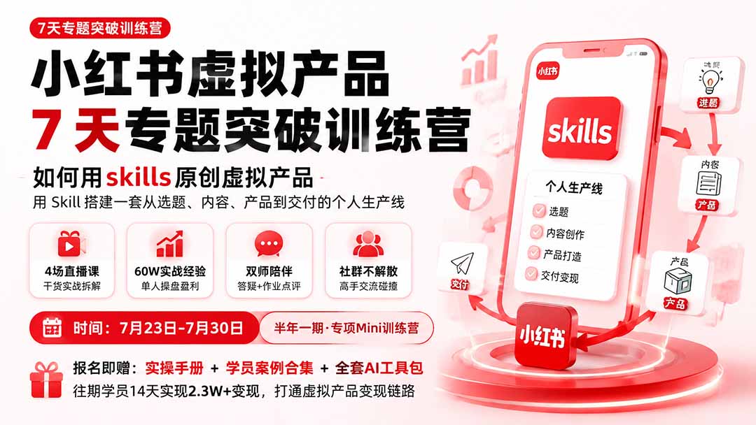 小红书虚拟产品7天训练营，用Skill原创虚拟产品，搭一条从选题到交付的个人生产线 - 缩略图