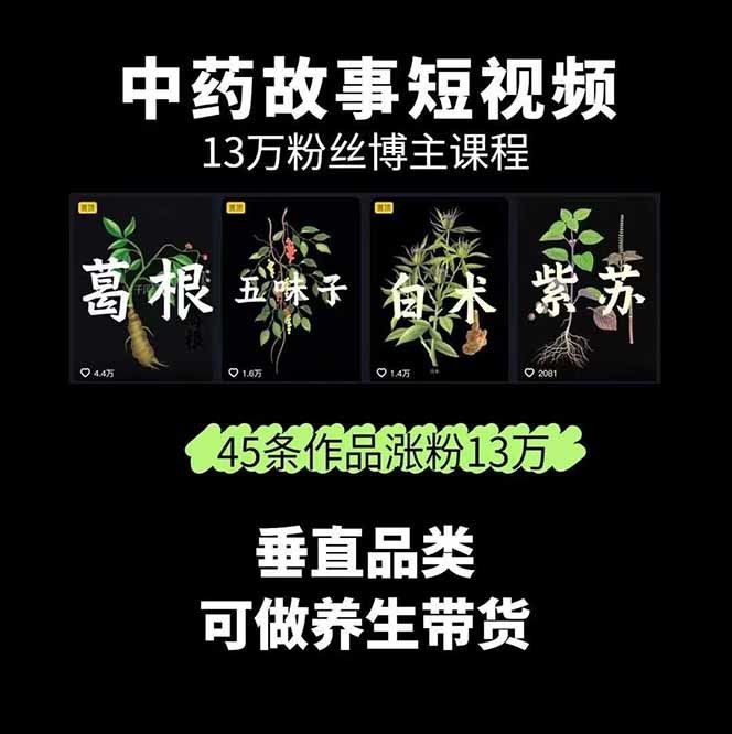 抖音中草药养生赛道，AI文案+故事模板+橱窗带货，45条作品涨粉13w单月变现1万+ - 缩略图