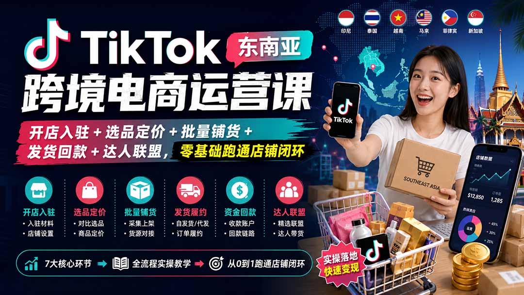 TikTok东南亚跨境店实操课，从开店入驻、选品铺货到发货回款和精选联盟达人带货全流程 - 缩略图