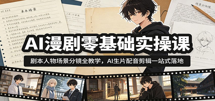 AI漫剧零基础实操课，从剧本人物三视图到分镜、生片、配音剪辑一站式落地 - 缩略图