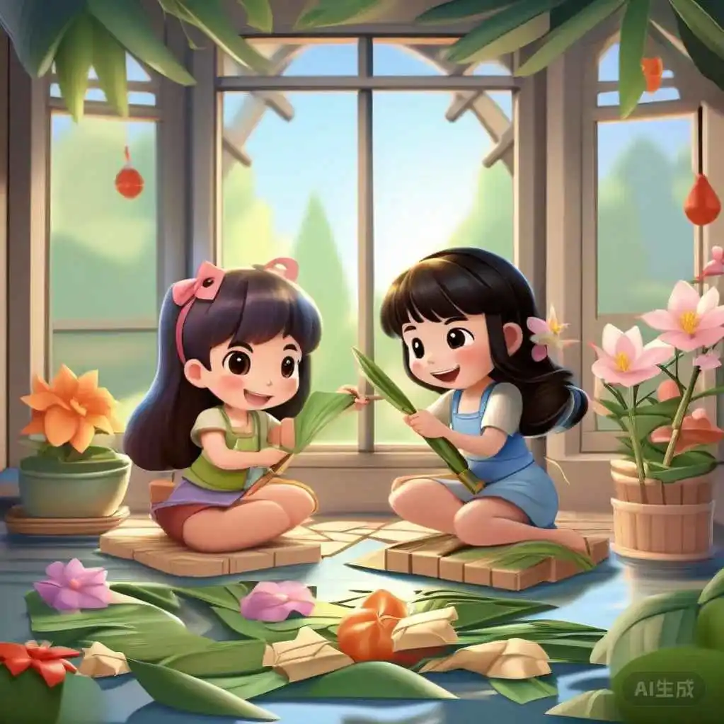 AI生成的小女孩写字和包粽子