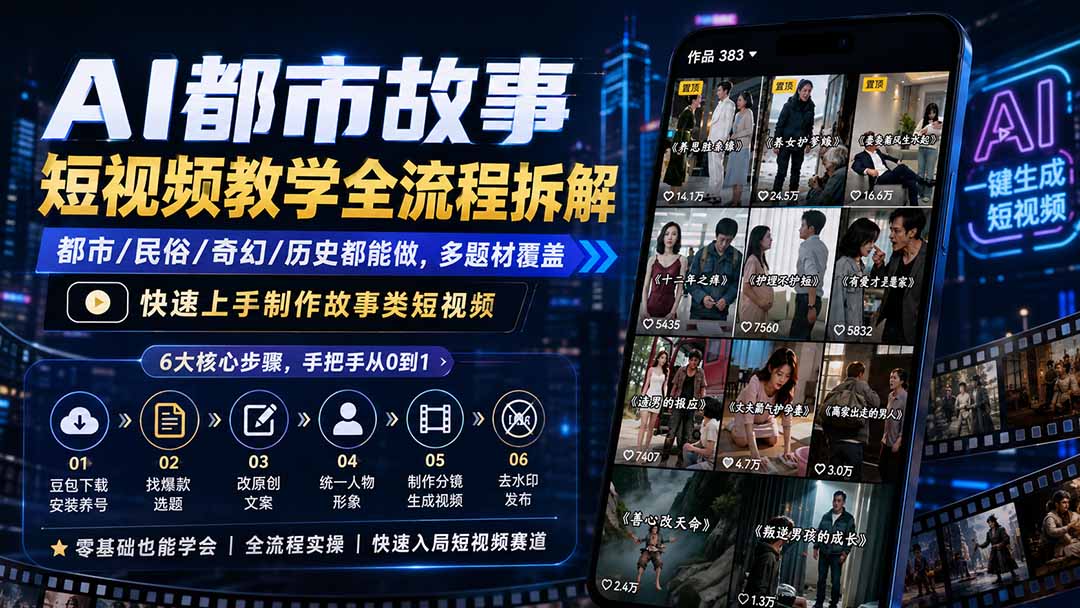 AI都市故事短视频全流程拆解，都市民俗奇幻历史多题材，从找爆款到成片的实操步骤 - 缩略图
