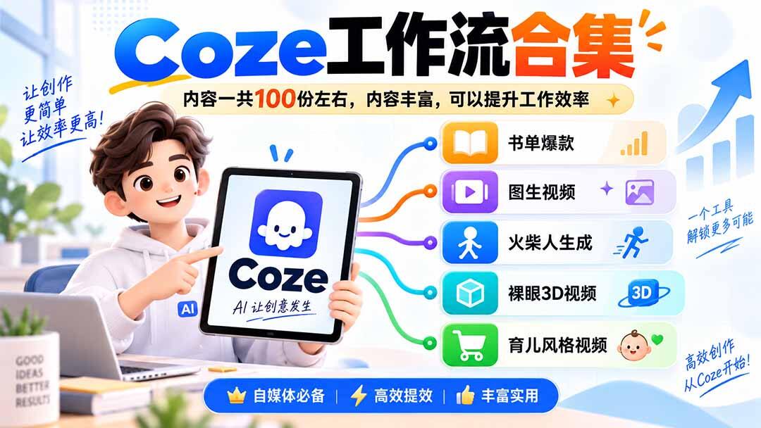 Coze工作流合集100份，书单、图生视频、育儿绘本等自媒体视频一键生成 - 缩略图