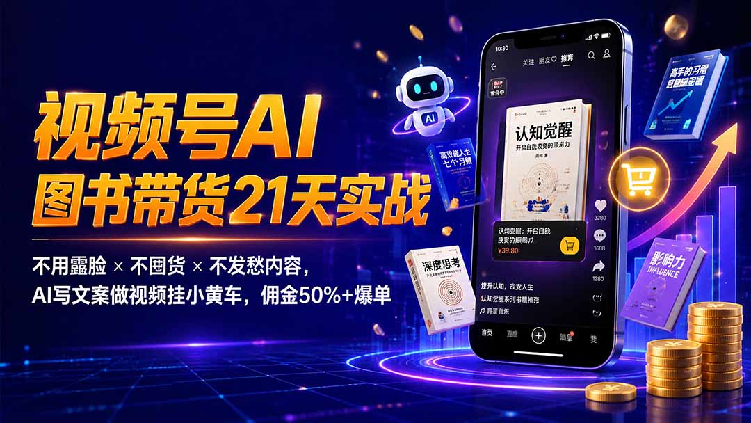 视频号AI图书带货21天实战，不露脸不囤货，AI写文案做视频，一条爆款佣金8942 - 缩略图