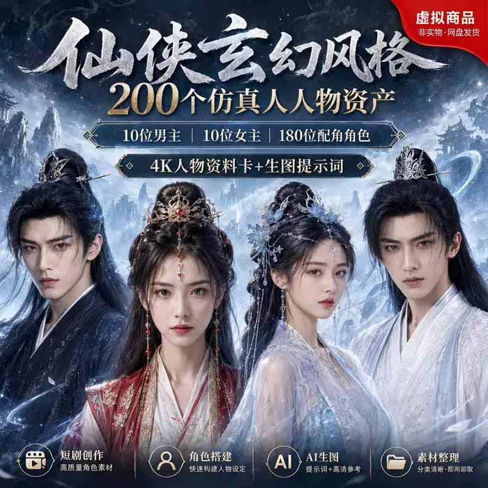仙侠玄幻AI漫剧仿真人素材200款，10男主10女主180配角，4K资料卡和AI生图提示词 - 缩略图
