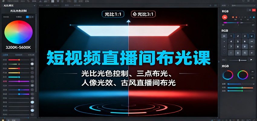 短视频直播间布光实战课,光比光色控制、三点布光、伦勃朗光与古风直播间灯光配置 - 缩略图
