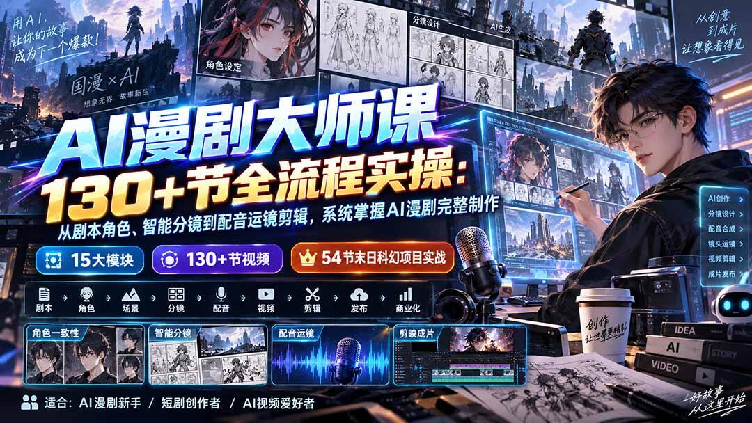 AI漫剧全流程实操课，130+节从剧本角色、分镜配音到剪辑调色，含54节末日科幻项目实战 - 缩略图