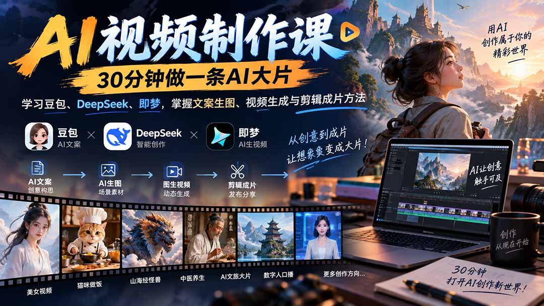 豆包DeepSeek即梦AI视频制作，零基础从文案生图到分镜剪辑成片，九大方向实战教学 - 缩略图
