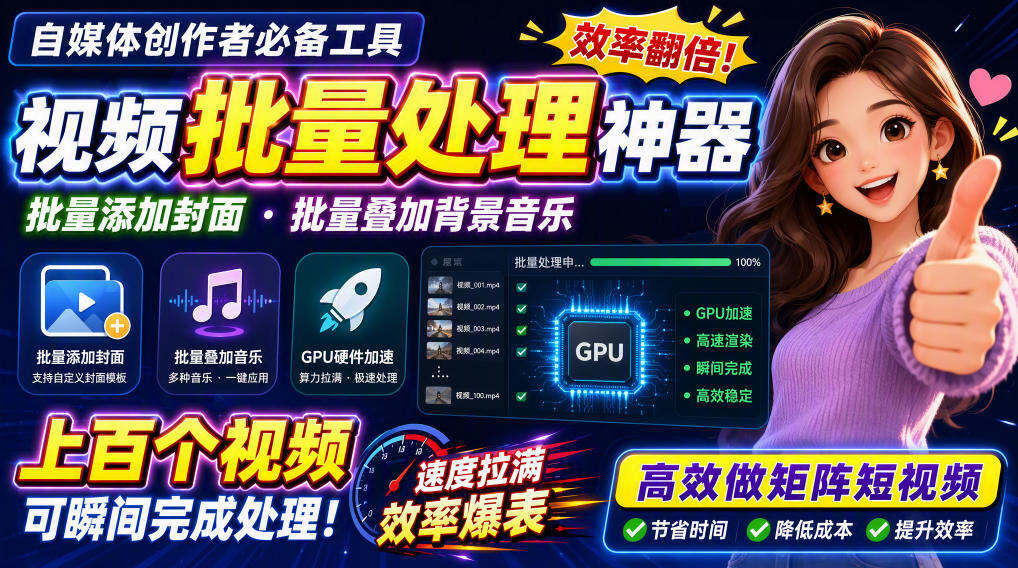 视频批量加封面工具，把封面加到第一帧并支持批量配背景音乐，免安装且带GPU加速 - 缩略图