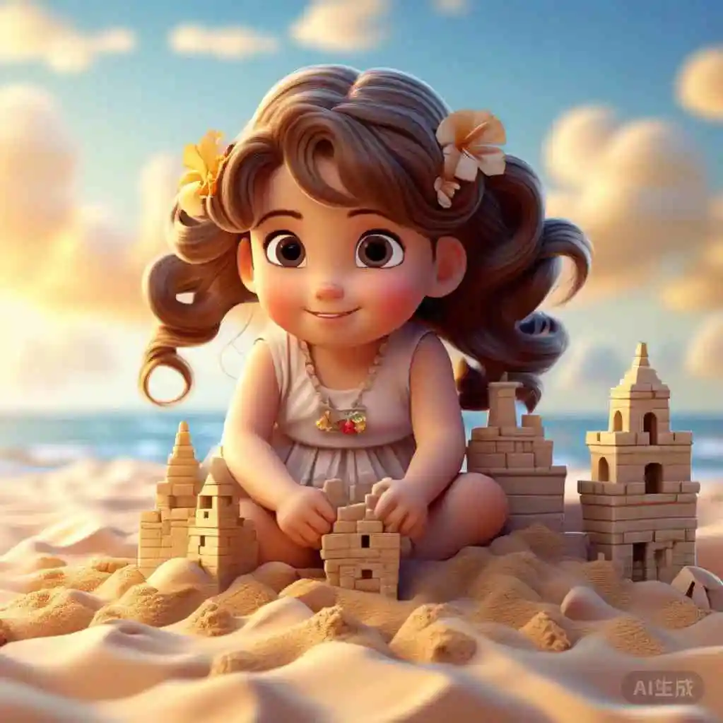 AI生成的海边堆沙堡场景