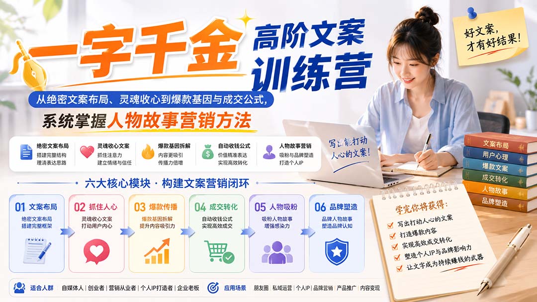 一字千金高阶文案训练营，从文案布局、灵魂收心到爆款基因与成交公式，把人物故事写进私域营销 - 缩略图