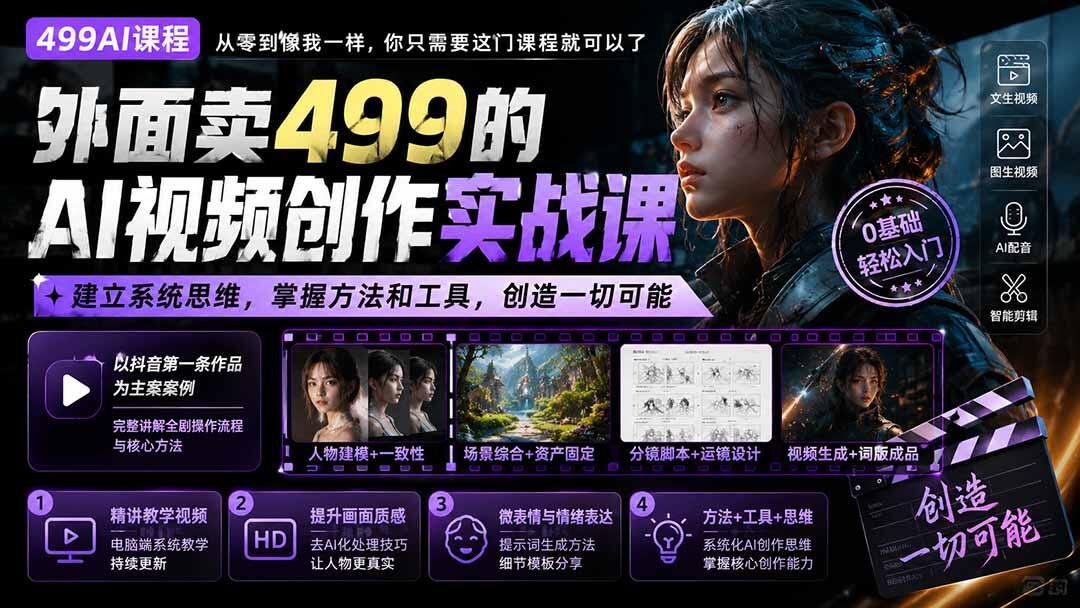 AI视频创作实战课，抖音案例讲透人物一致性、分镜和成片流程，附情绪提示词模板 - 缩略图