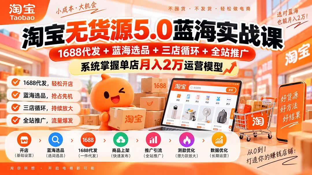 淘宝无货源5.0蓝海精细化实战，从1688代发、蓝海选品到三店循环和全站推广 - 缩略图