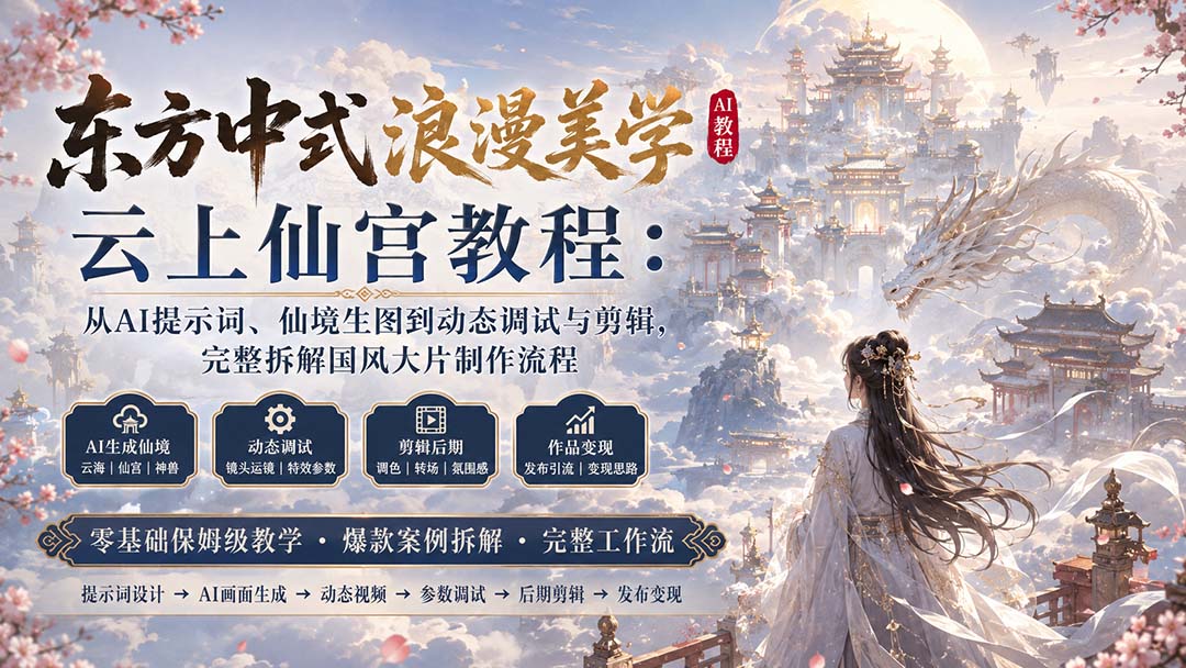 AI云上仙宫国风视频教程，从提示词生成仙境到动态调试与剪辑全流程拆解 - 缩略图