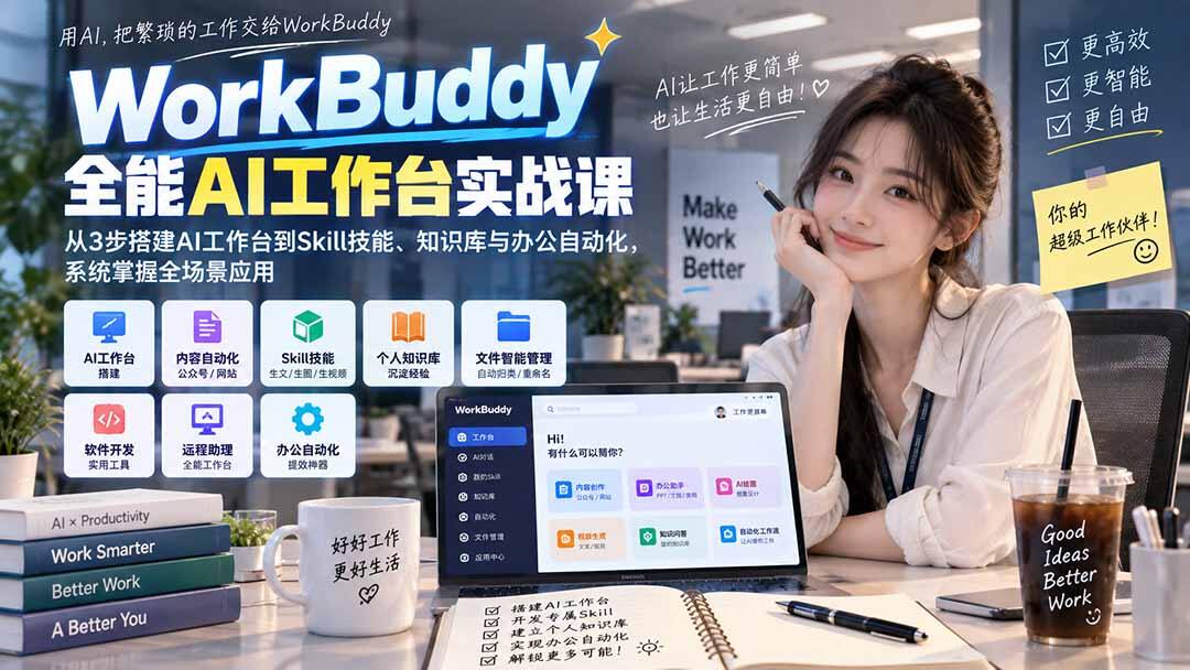 WorkBuddy全能AI工作台实战，3步搭建到Skill技能、知识库与办公自动化，18节实操拆解 - 缩略图