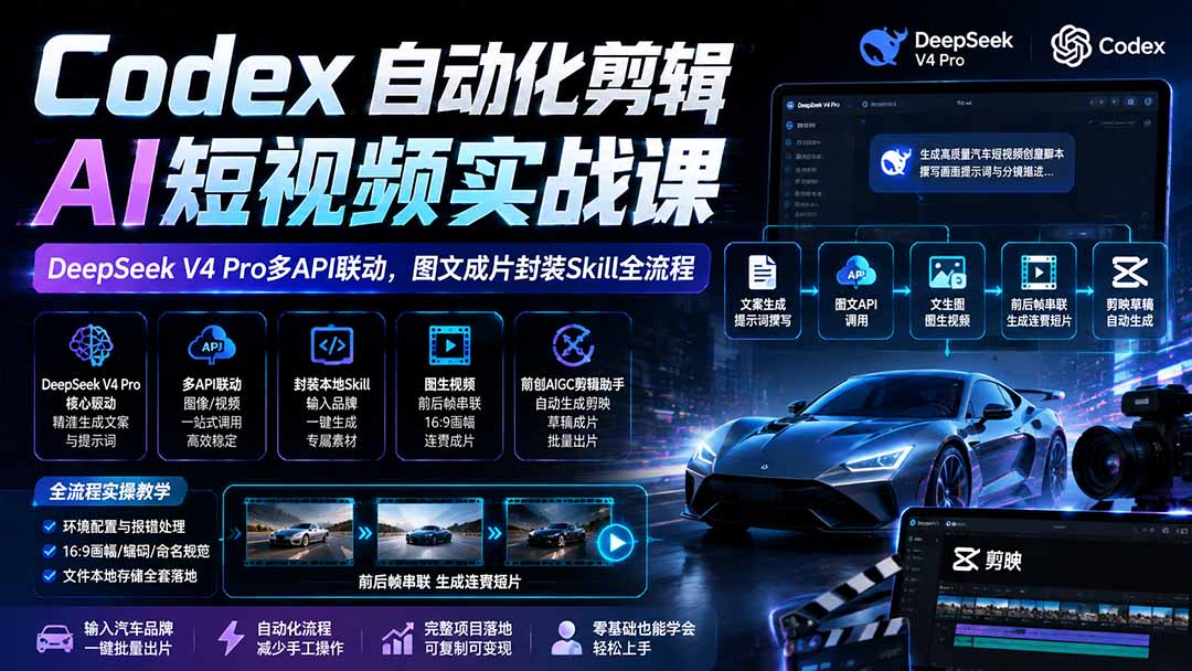 Codex自动化剪辑AI短视频，DeepSeek写提示词封装Skill，汽车品牌图文成片自动出剪映草稿 - 缩略图