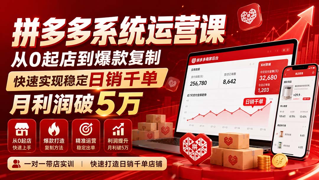 拼多多日销千单训练营，从0起店到爆款复制，全站推广239和微付费玩法持续更新至2026年 - 缩略图