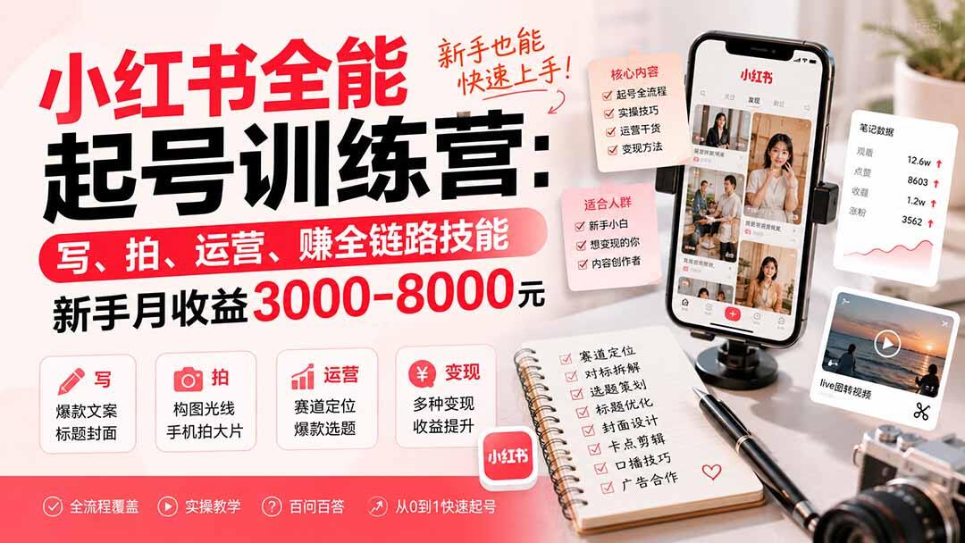 小红书全能起号课，写拍运营变现全链路，从赛道定位、爆款选题到标题封面、手机摄影修图都有实操 - 缩略图