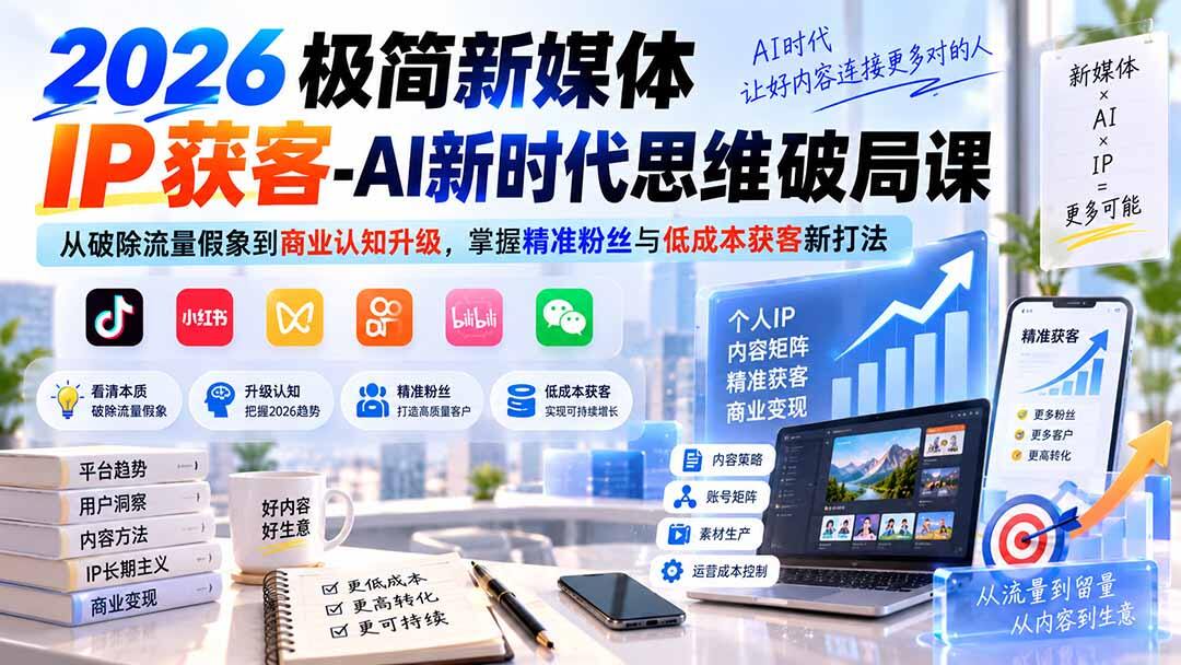 2026新媒体IP获客，破除流量假象，AI选题到手机拍摄剪辑全流程，低成本做精准粉丝 - 缩略图