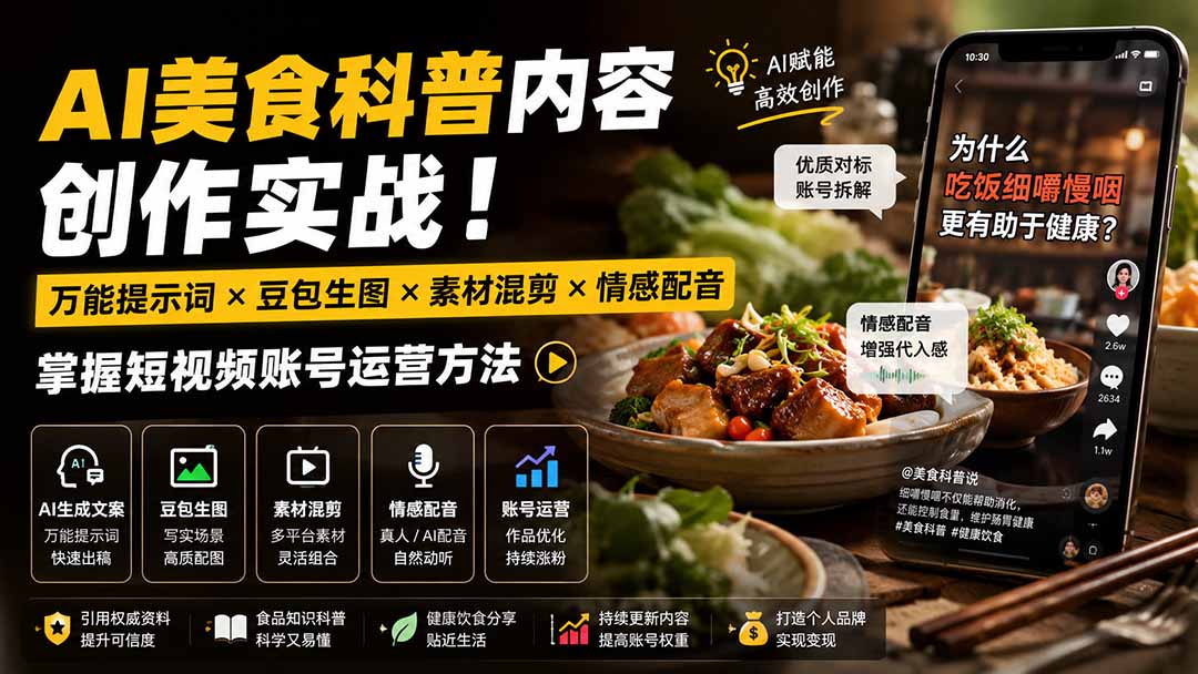 AI美食科普短视频创作，万能提示词写文案、豆包生图、素材混剪配音，跑通抖音内容生产流程 - 缩略图
