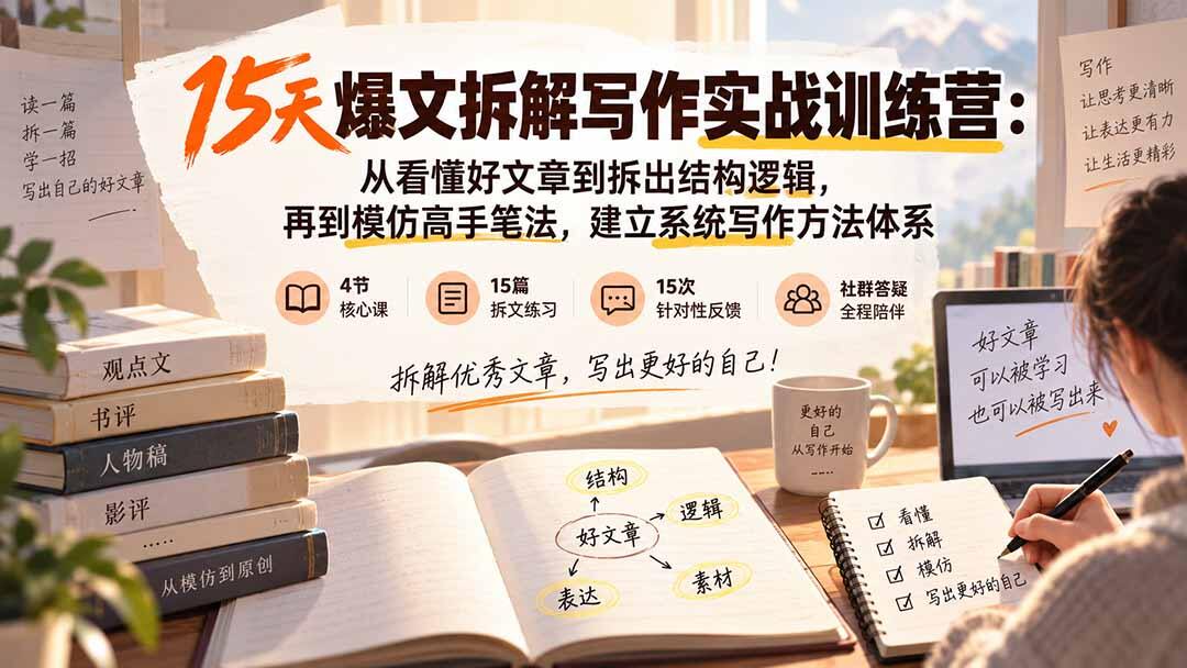 15天爆文拆解写作训练营，4节核心课加15篇拆文练习，从拆骨架到模仿高手笔法 - 缩略图