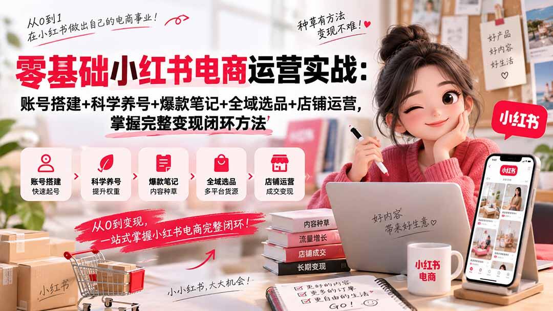 小红书电商零基础实战课，从账号搭建、科学养号、全域选品到爆款笔记和店铺出单 - 缩略图