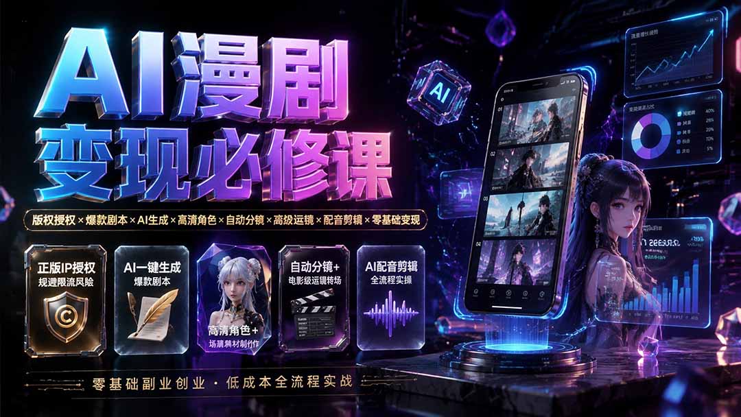 AI漫剧变现全流程，抖音番茄IP授权、AI剧本分镜配音运镜实操，零基础可落地 - 缩略图