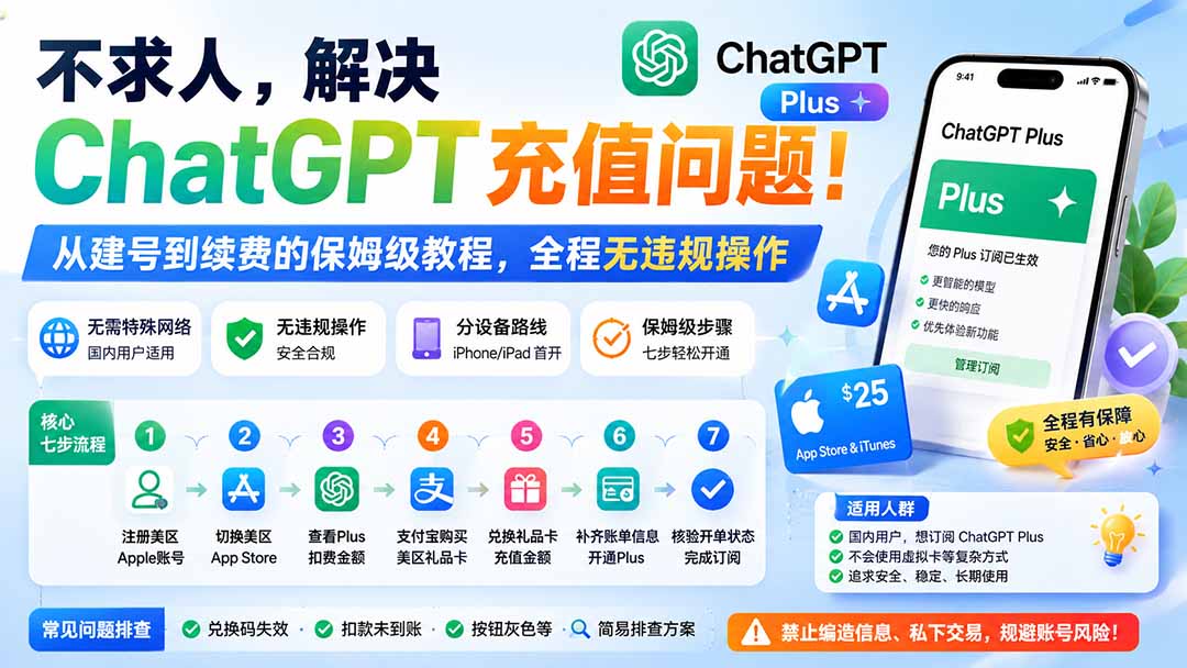 国内开通ChatGPT Plus教程，美区Apple账号加礼品卡充值，从建号到续费七步走 - 缩略图
