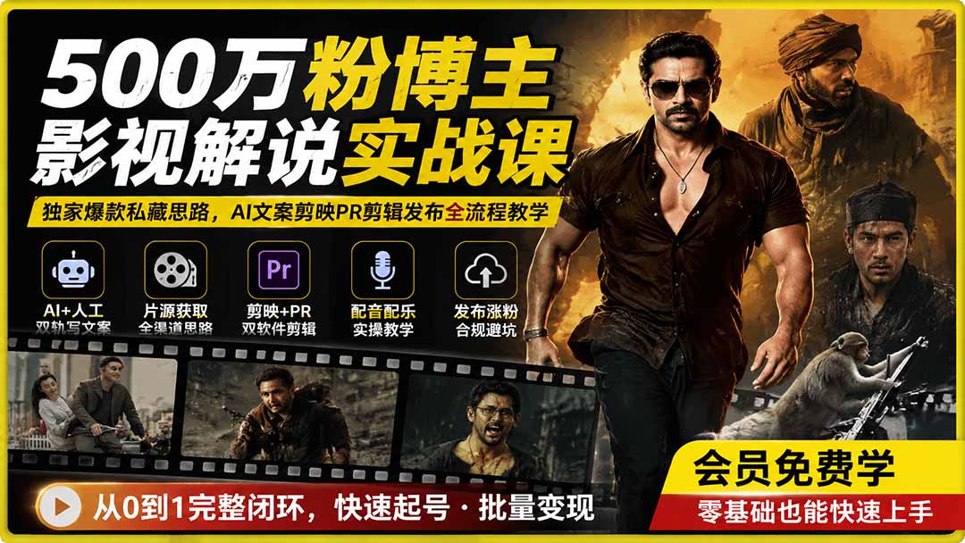500万粉博主影视解说实战课，AI文案加剪映PR全流程，从找片源到发布避坑 - 缩略图