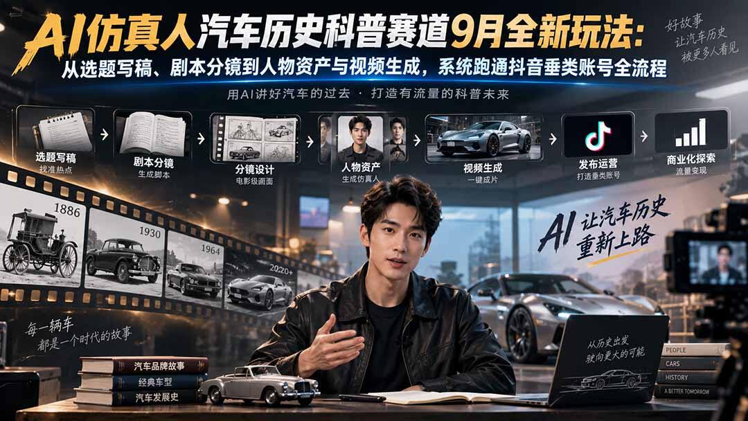 抖音AI仿真人汽车历史科普，选题写稿到分镜、人物资产与视频生成，跑通垂类账号全流程 - 缩略图