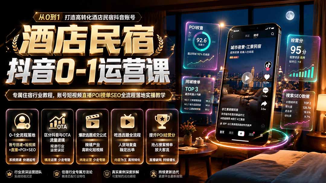 酒店民宿抖音自运营0-1课，POI榜单搜索SEO到直播成交全流程实操 - 缩略图