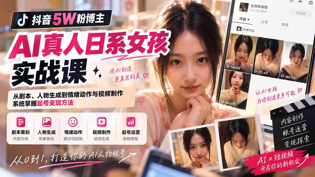 抖音5W粉博主AI日系女孩实战课，从剧本、人物生成到情绪动作提示词和视频制作全流程 - 缩略图