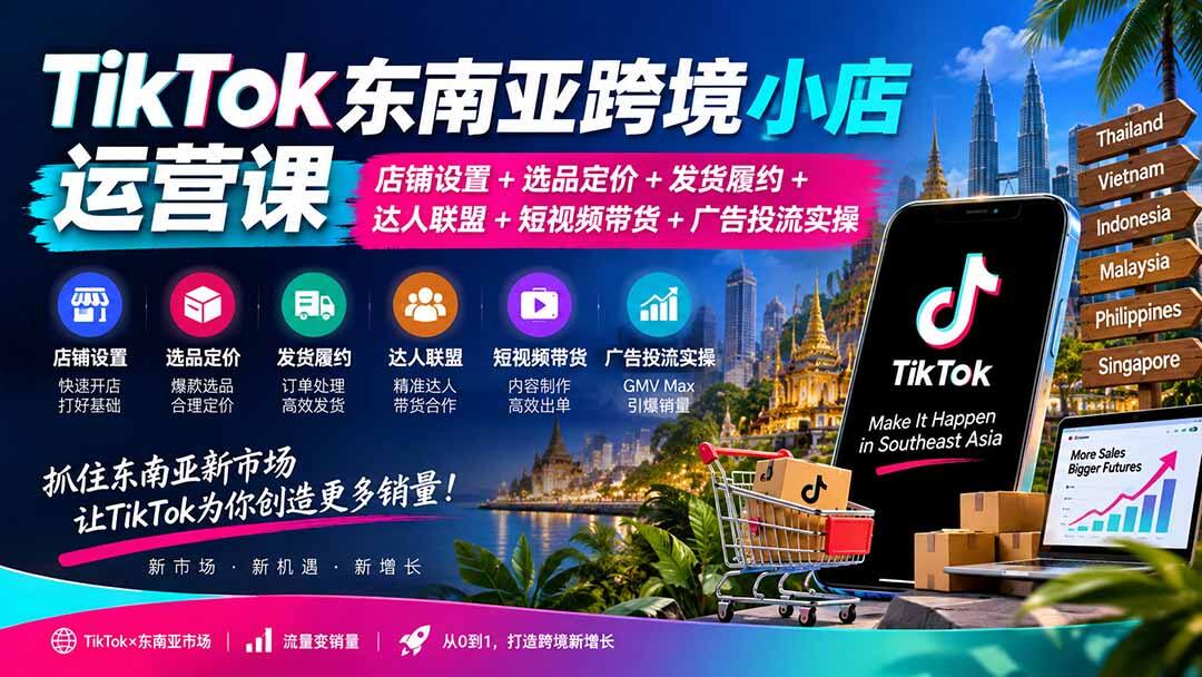 TikTok东南亚跨境小店运营课，从定价表店铺设置到达人联盟、GMV Max投流全流程 - 缩略图