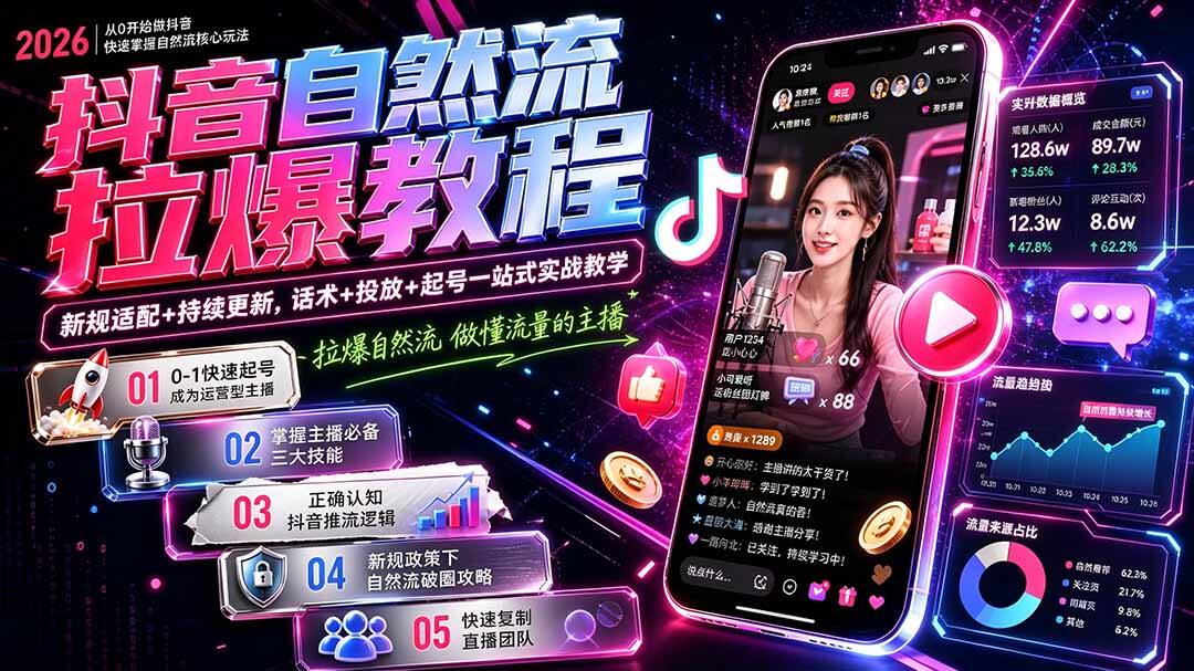 抖音自然流拉爆实战课，猴帝1600线上课持续更新，话术、起号、千川投放和运营罗盘全流程 - 缩略图
