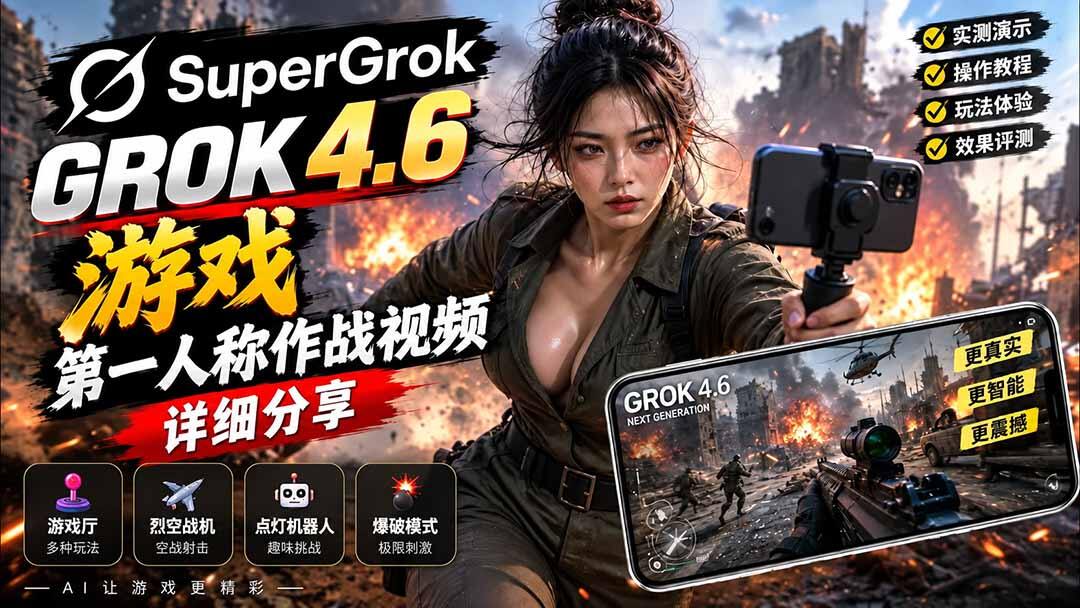 Grok 4.6 实测第一人称作战视频，从生成FPS游戏到剪辑成片的完整玩法 - 缩略图